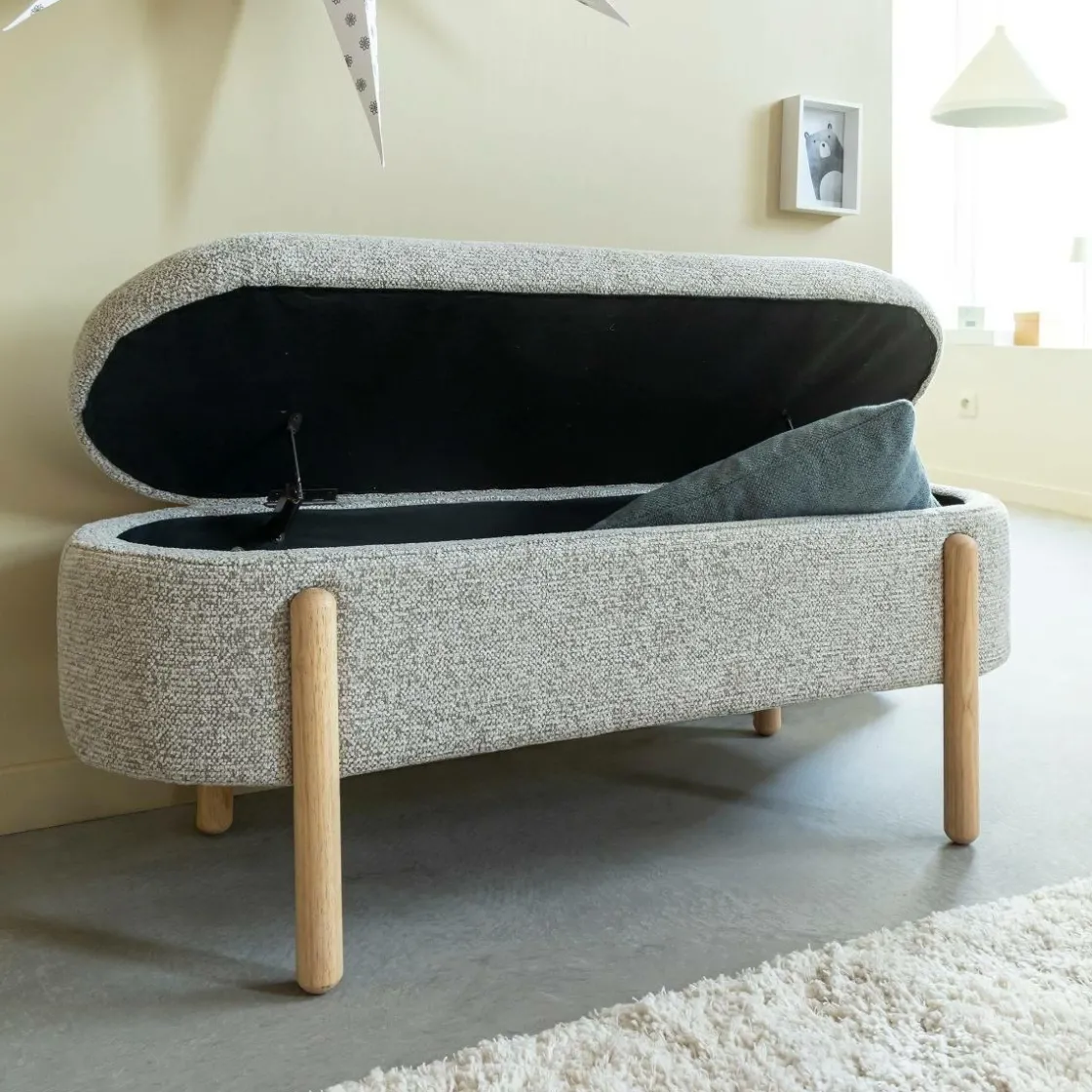 Made in Meubles Banc<Banc en bois de pin et tissu bouclette gris clair Nério