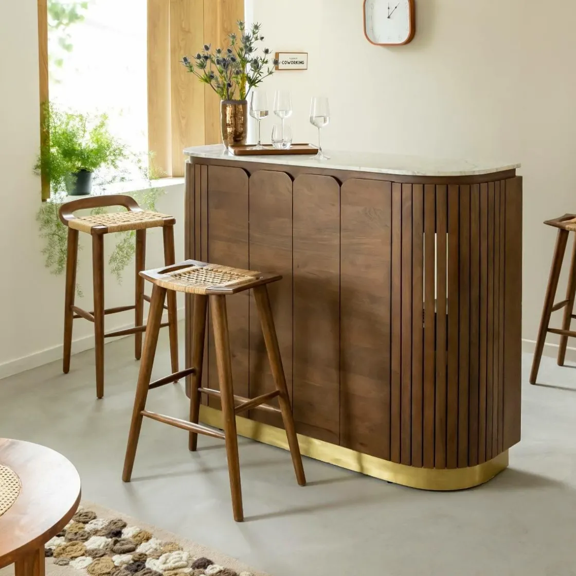 Made in Meubles Meuble Bar<Bar en bois de manguier et marbre blanc Sienne