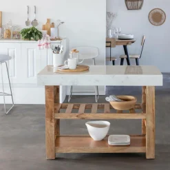 Made in Meubles Ilot Central<Billot en marbre et bois Louca