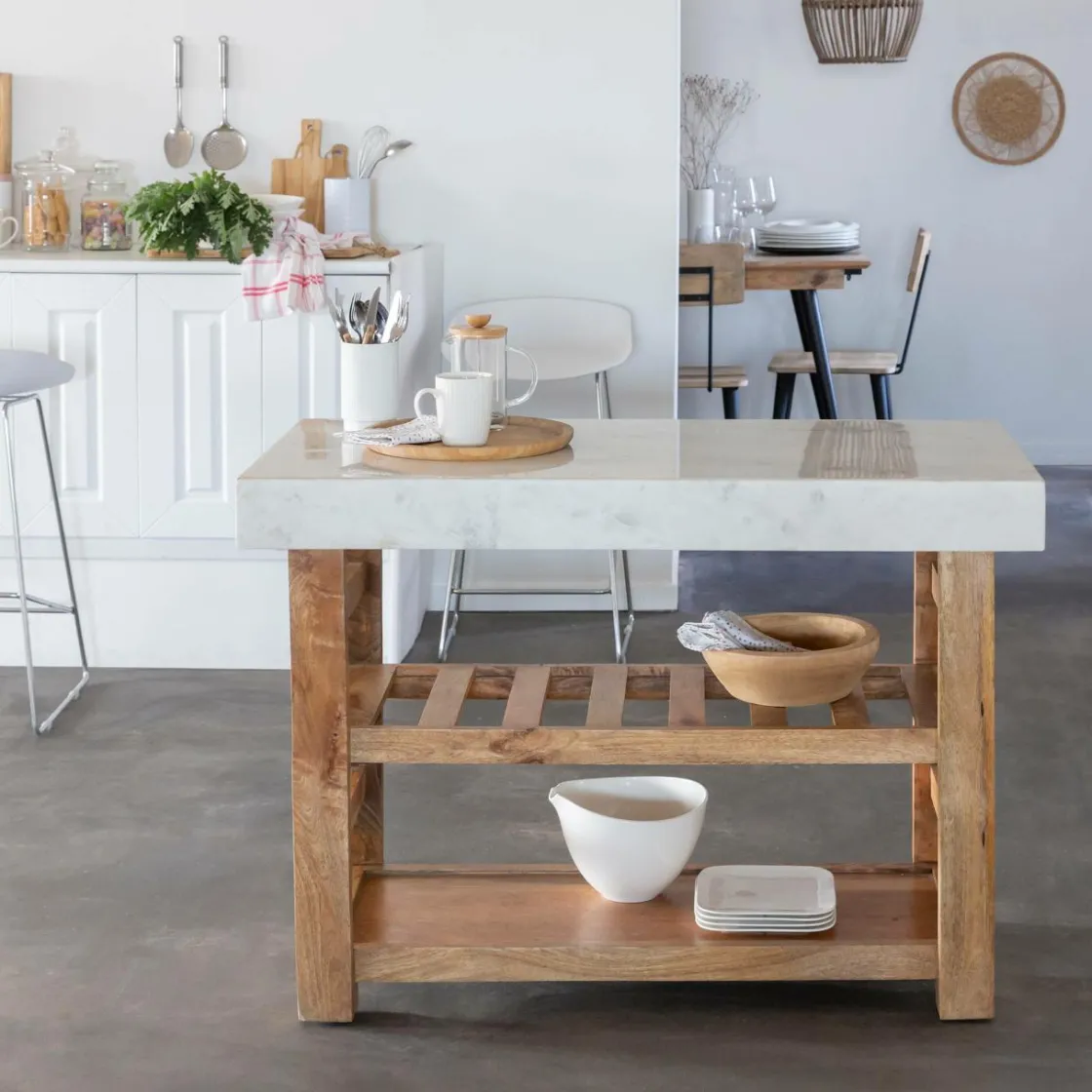 Made in Meubles Ilot Central<Billot en marbre et bois Louca