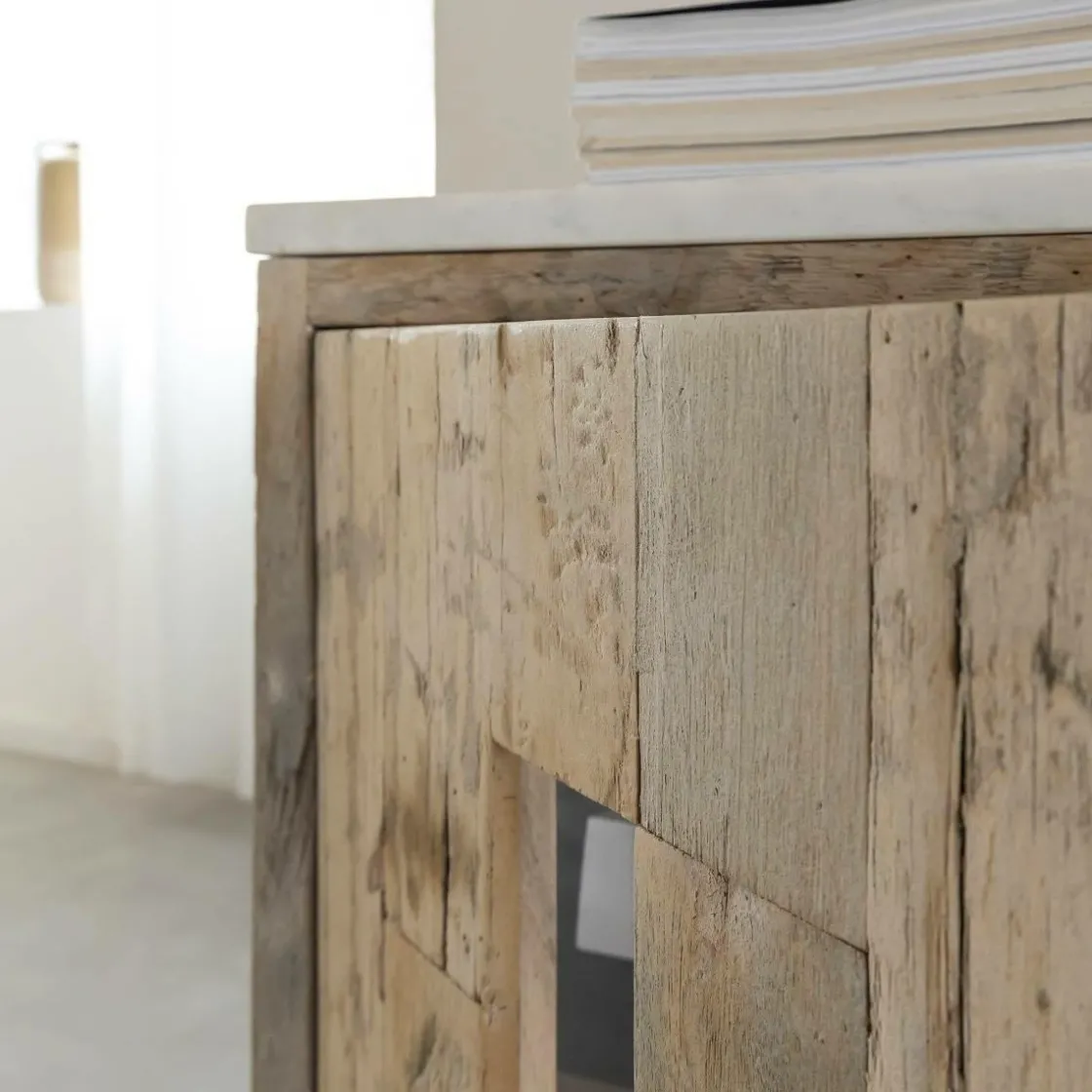 Made in Meubles Buffet<Buffet 2 portes en bois recyclé et marbre Damian