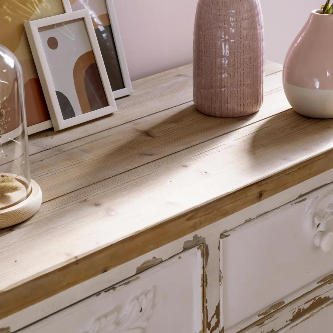 Made in Meubles Buffet<Buffet blanc en pin massif brossé Bastille