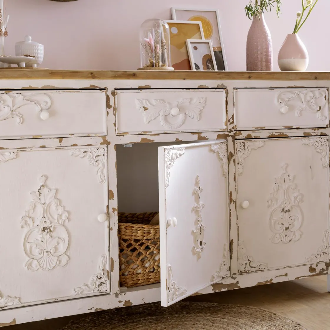 Made in Meubles Buffet<Buffet blanc en pin massif brossé Bastille