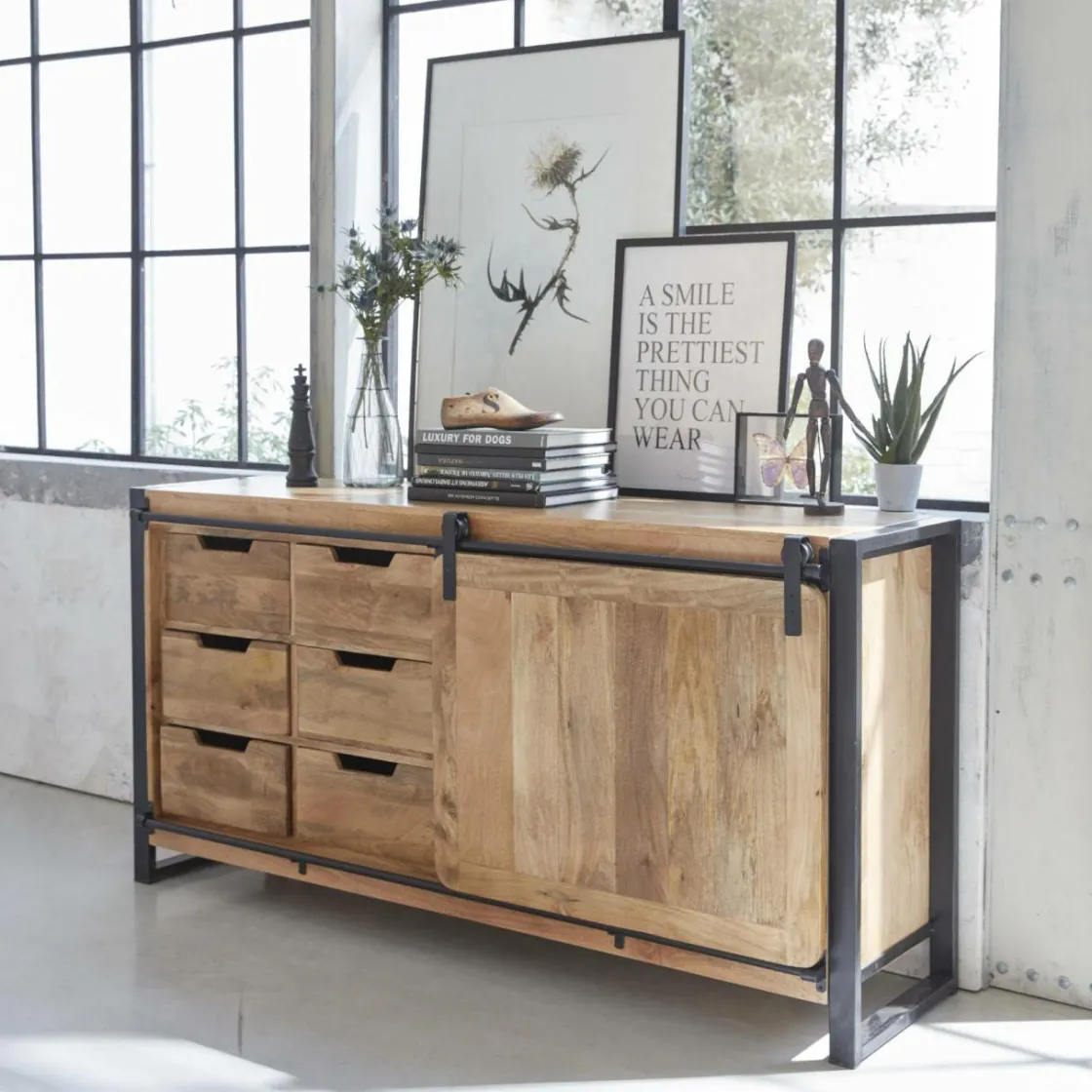 Made in Meubles Buffet<Buffet en bois de manguier avec porte coulissante New-York