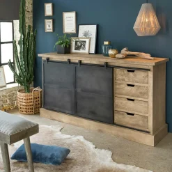 Made in Meubles Buffet<Buffet en bois de manguier brossé et métal gris foncé 4 tiroirs Helsinki