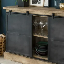 Made in Meubles Buffet<Buffet en bois de manguier brossé et métal gris foncé 4 tiroirs Helsinki