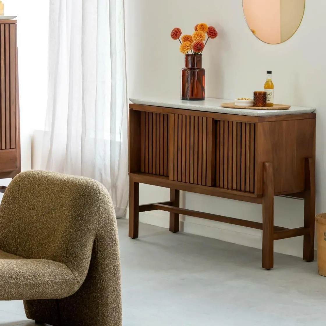 Made in Meubles Buffet|Meuble Sous Vasque<Buffet haut en bois d'acacia et terrazzo Kaelis