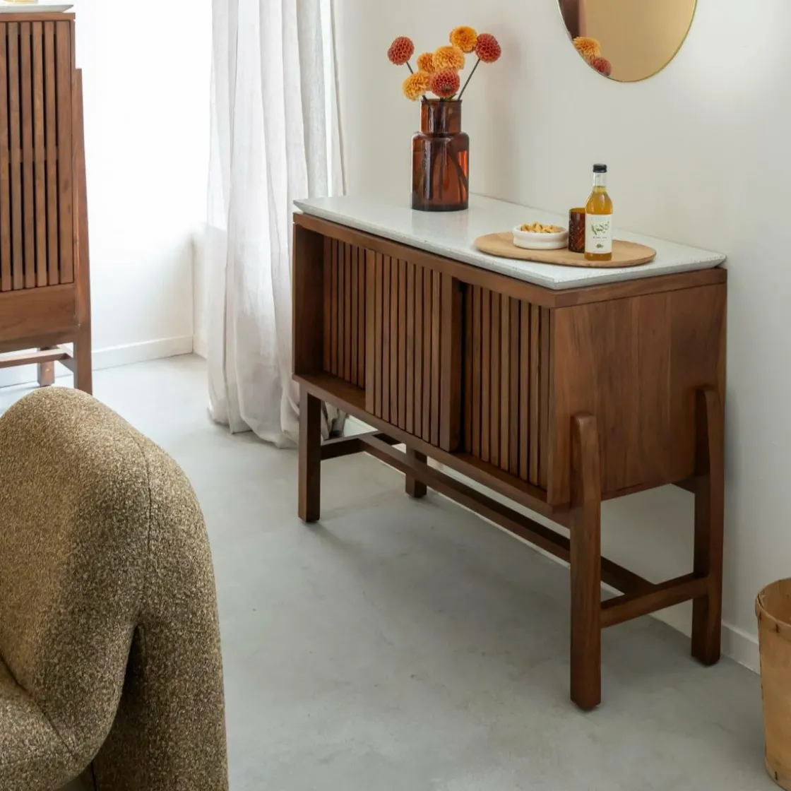 Made in Meubles Buffet|Meuble Sous Vasque<Buffet haut en bois d'acacia et terrazzo Kaelis