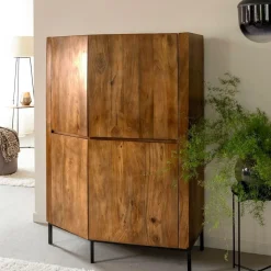 Made in Meubles Buffet<Buffet haut en bois de manguier clair et travertin Josh