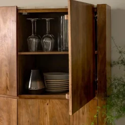 Made in Meubles Buffet<Buffet haut en bois de manguier clair et travertin Josh