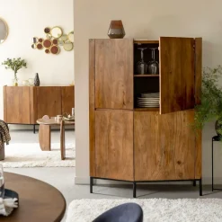 Made in Meubles Buffet<Buffet haut en bois de manguier clair et travertin Josh