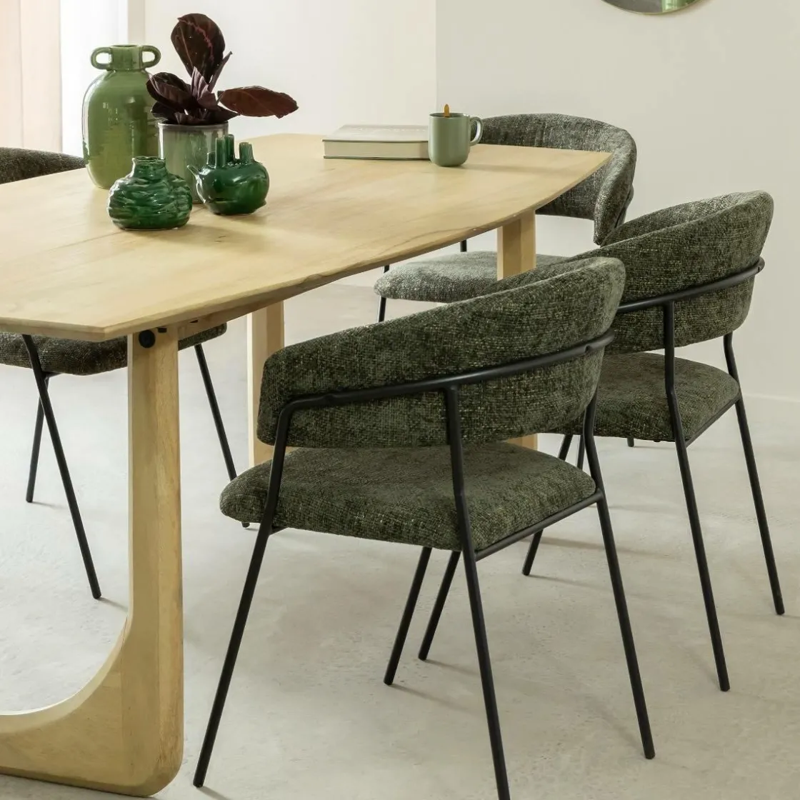 Made in Meubles Chaise<Chaise arrondie tissu vert Kanoa (lot de 2)