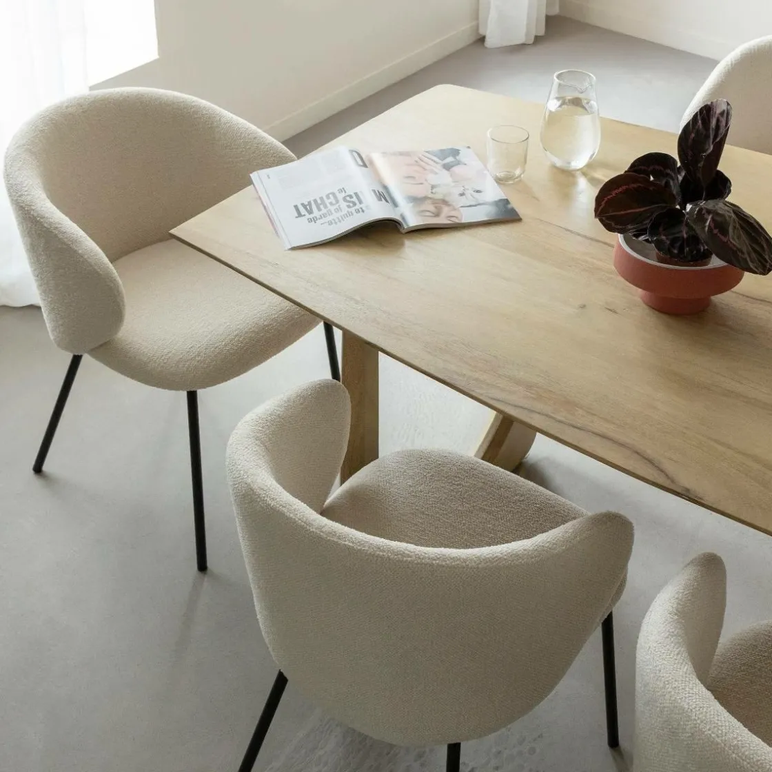 Made in Meubles Chaise<Chaise avec accoudoirs ronds en tissu bouclette écru clair et pieds en métal Cléa (lot de 2)