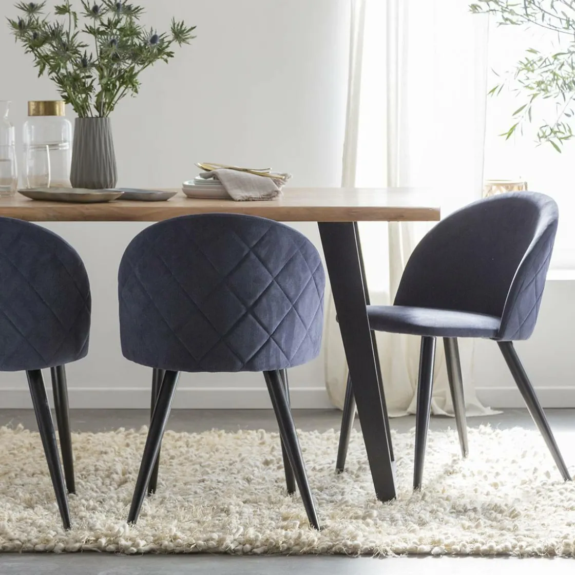 Made in Meubles Chaise<Chaise en tissu bleu marine et métal Jasmine (lot de 2)