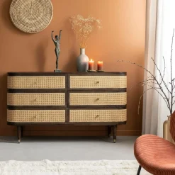 Made in Meubles Commode<Commode 6 tiroirs en bois de manguier et cannage Soren