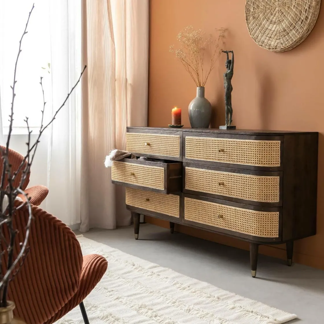 Made in Meubles Commode<Commode 6 tiroirs en bois de manguier et cannage Soren