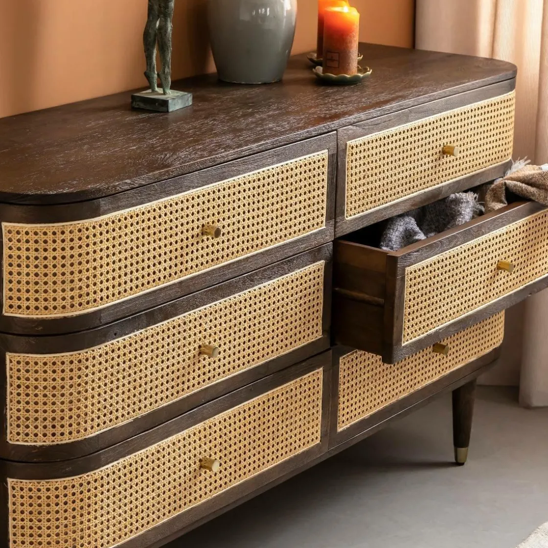 Made in Meubles Commode<Commode 6 tiroirs en bois de manguier et cannage Soren