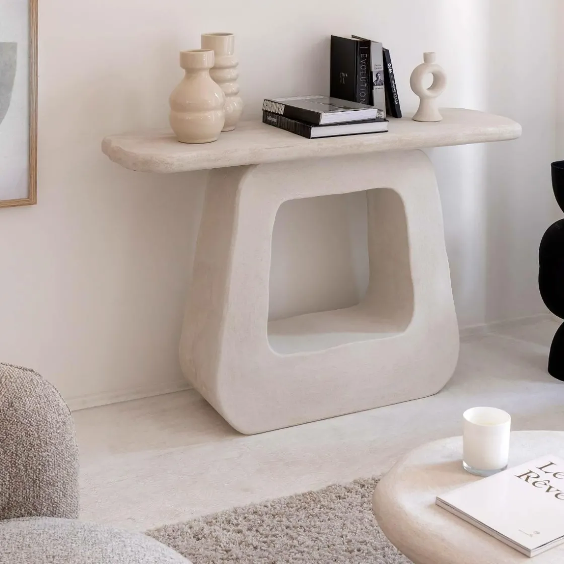 Made in Meubles Table Console<Console pied central en bois effet béton blanc Danaé