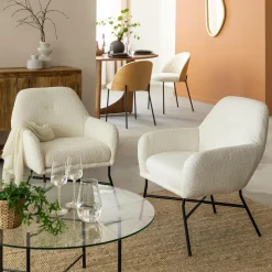 Made in Meubles Fauteuil<Fauteuil blanc en tissu bouclette Amandine