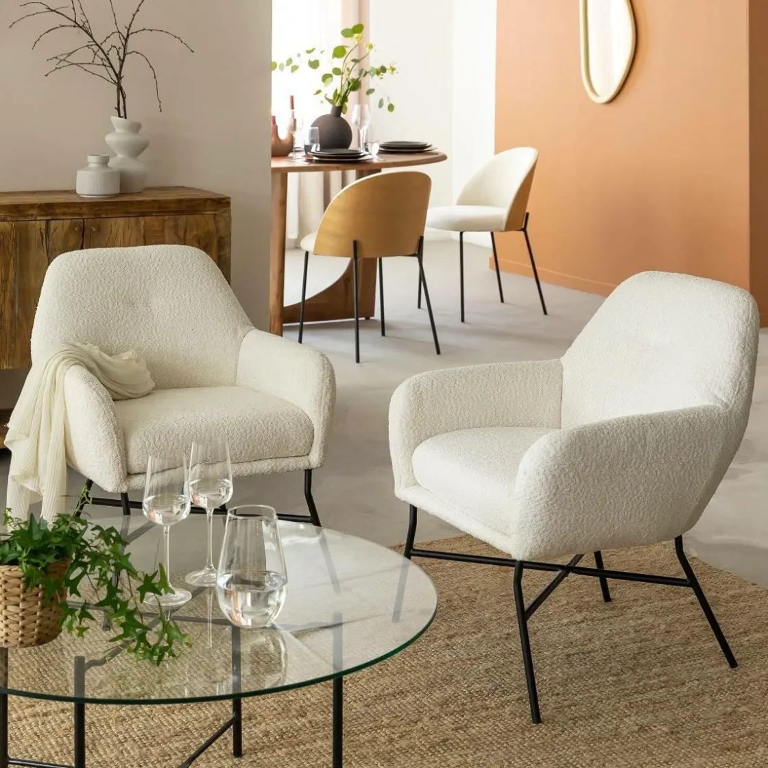 Made in Meubles Fauteuil<Fauteuil blanc en tissu bouclette Amandine