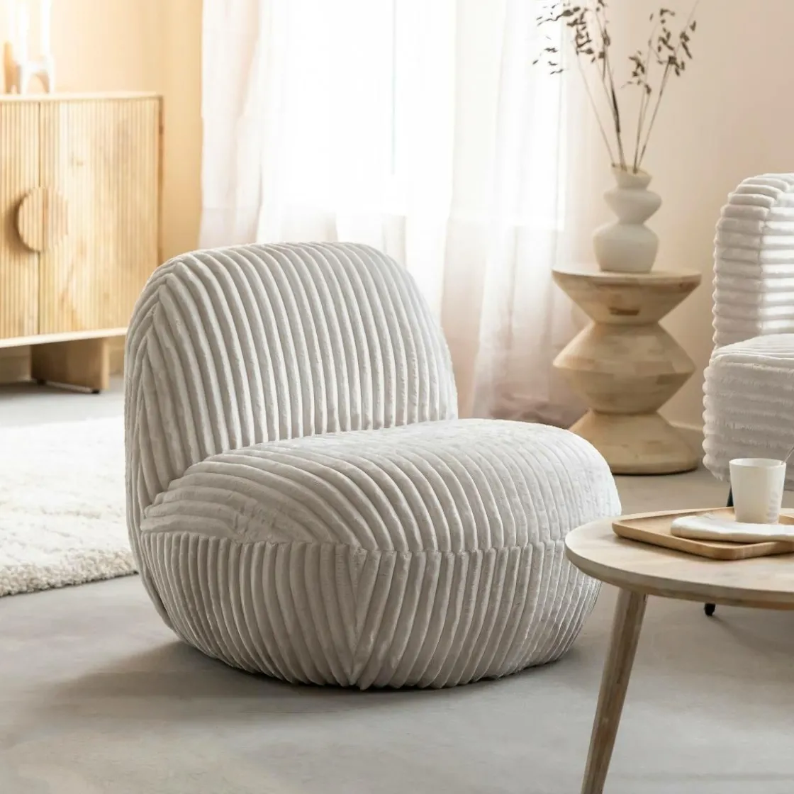 Made in Meubles Fauteuil<Fauteuil confort en velours côtelé beige écru Johanna
