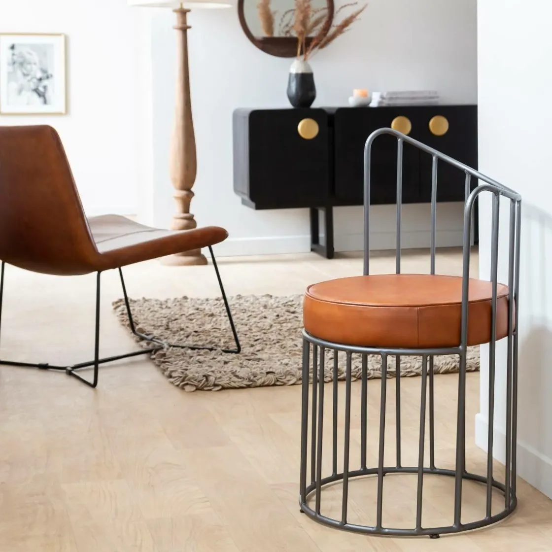 Made in Meubles Fauteuil<Fauteuil en cuir et métal marron Aly