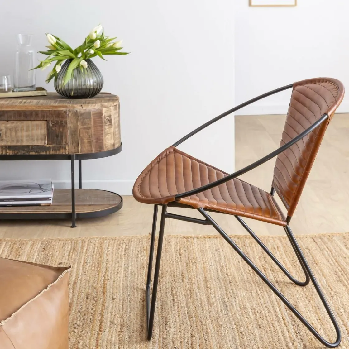 Made in Meubles Fauteuil<Fauteuil en cuir marron et métal Jaya