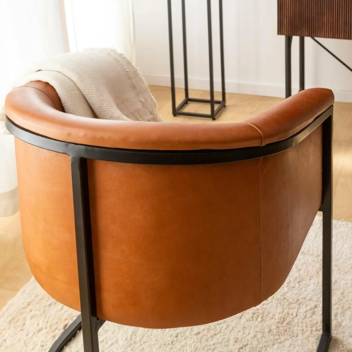 Made in Meubles Fauteuil<Fauteuil en cuir marron et métal Sacha