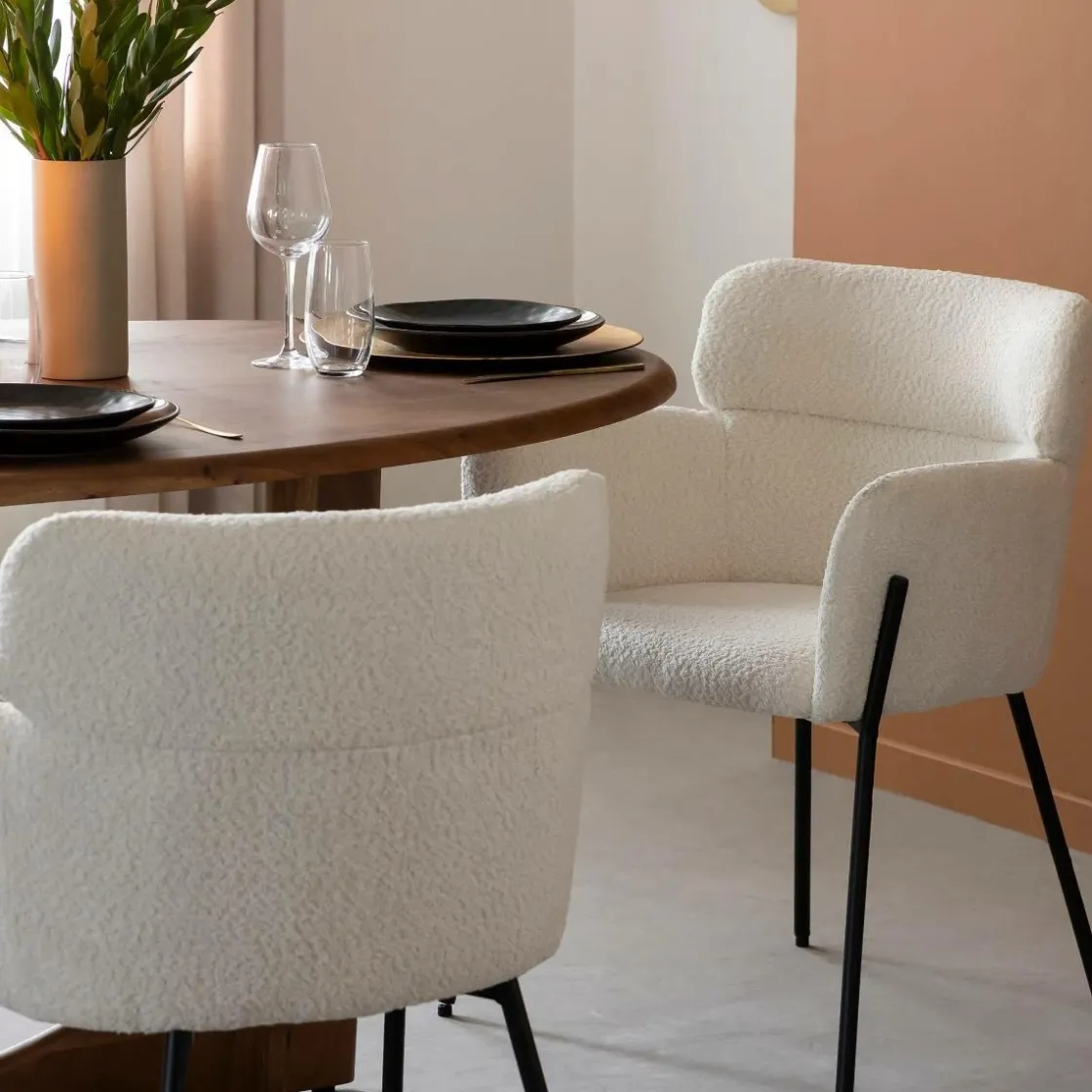 Made in Meubles Chaise<Fauteuil en tissu bouclette blanc Valentin (lot de 2)