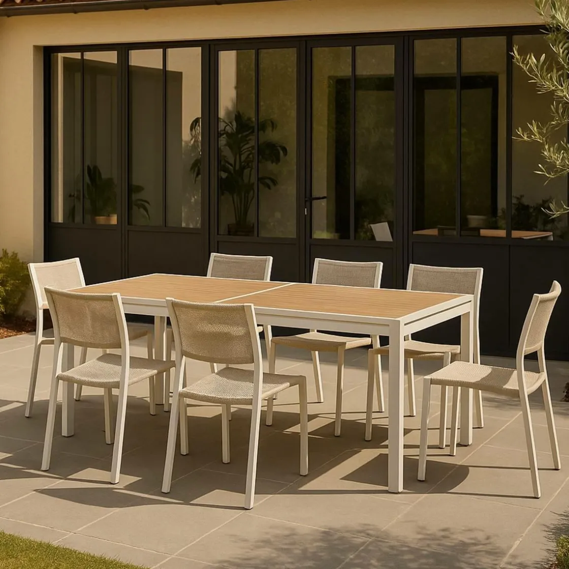 Made in Meubles Table De Jardin<Grande table de jardin en aluminium blanc et effet bois Ayden