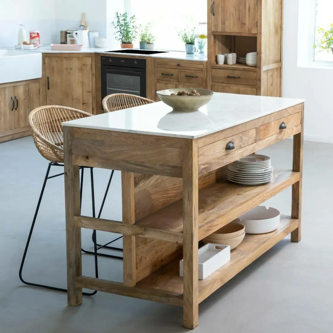 Made in Meubles Meuble Bas|Ilot Central<Ilot central en bois de manguier et marbre blanc Louisa