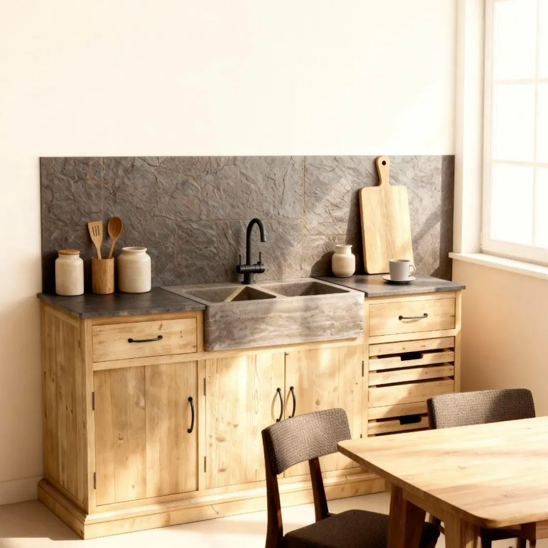 Made in Meubles Meuble Bas<Meuble bas de cuisine en bois recyclé et pierre bleue Romain