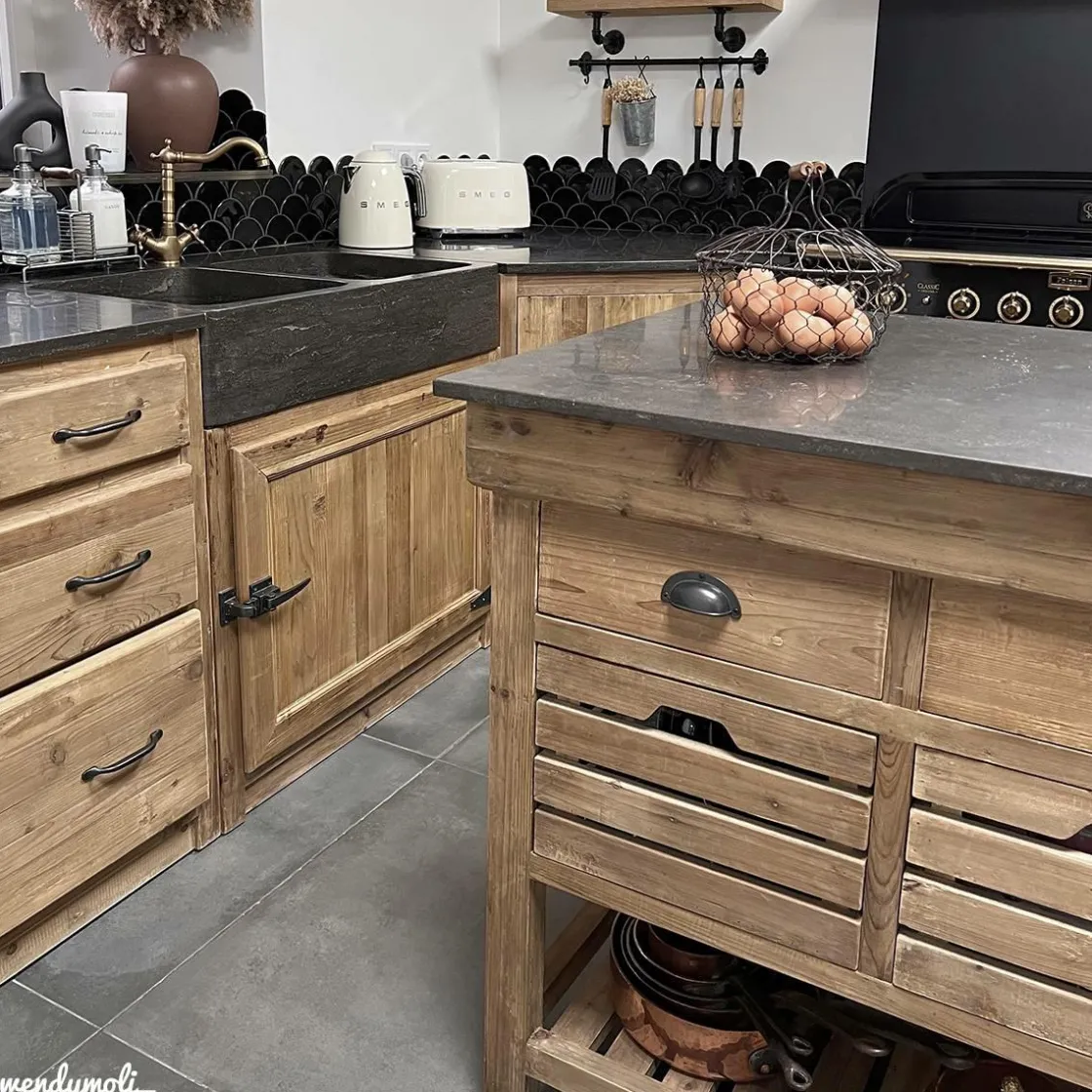 Made in Meubles Meuble Bas<Meuble bas de cuisine évier 2 vasques pierre bleue Champêtre