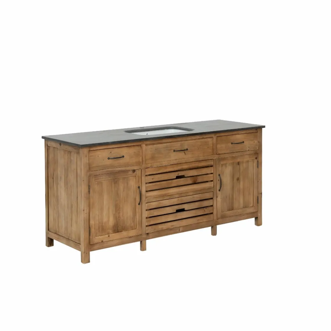 Made in Meubles Meuble Bas<Meuble de cuisine en vieux pin et pierre bleue Champêtre