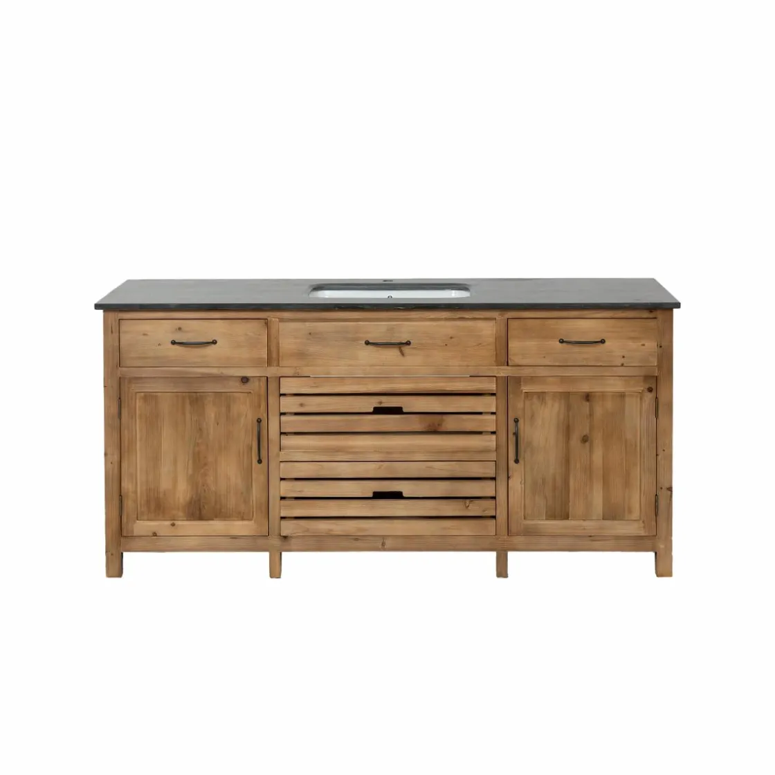 Made in Meubles Meuble Bas<Meuble de cuisine en vieux pin et pierre bleue Champêtre