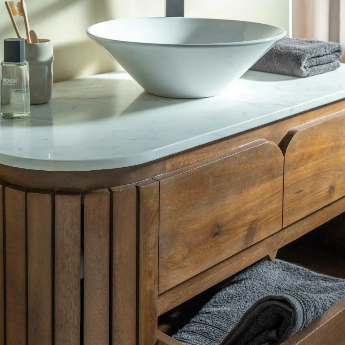 Made in Meubles Meuble Sous Vasque<Meuble sous vasque en bois de manguier et marbre Sienne