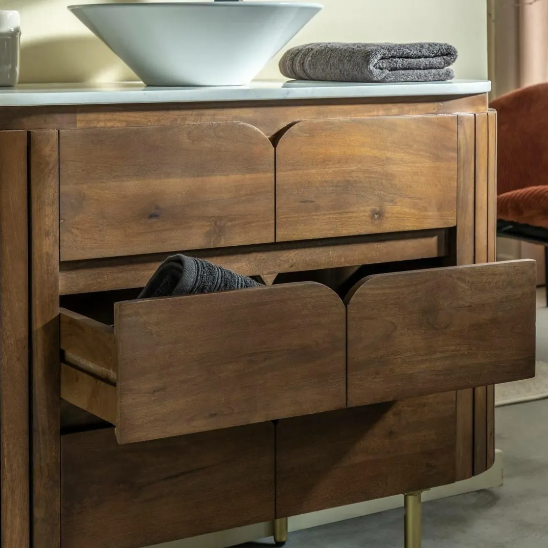 Made in Meubles Meuble Sous Vasque<Meuble sous vasque en bois de manguier et marbre Sienne