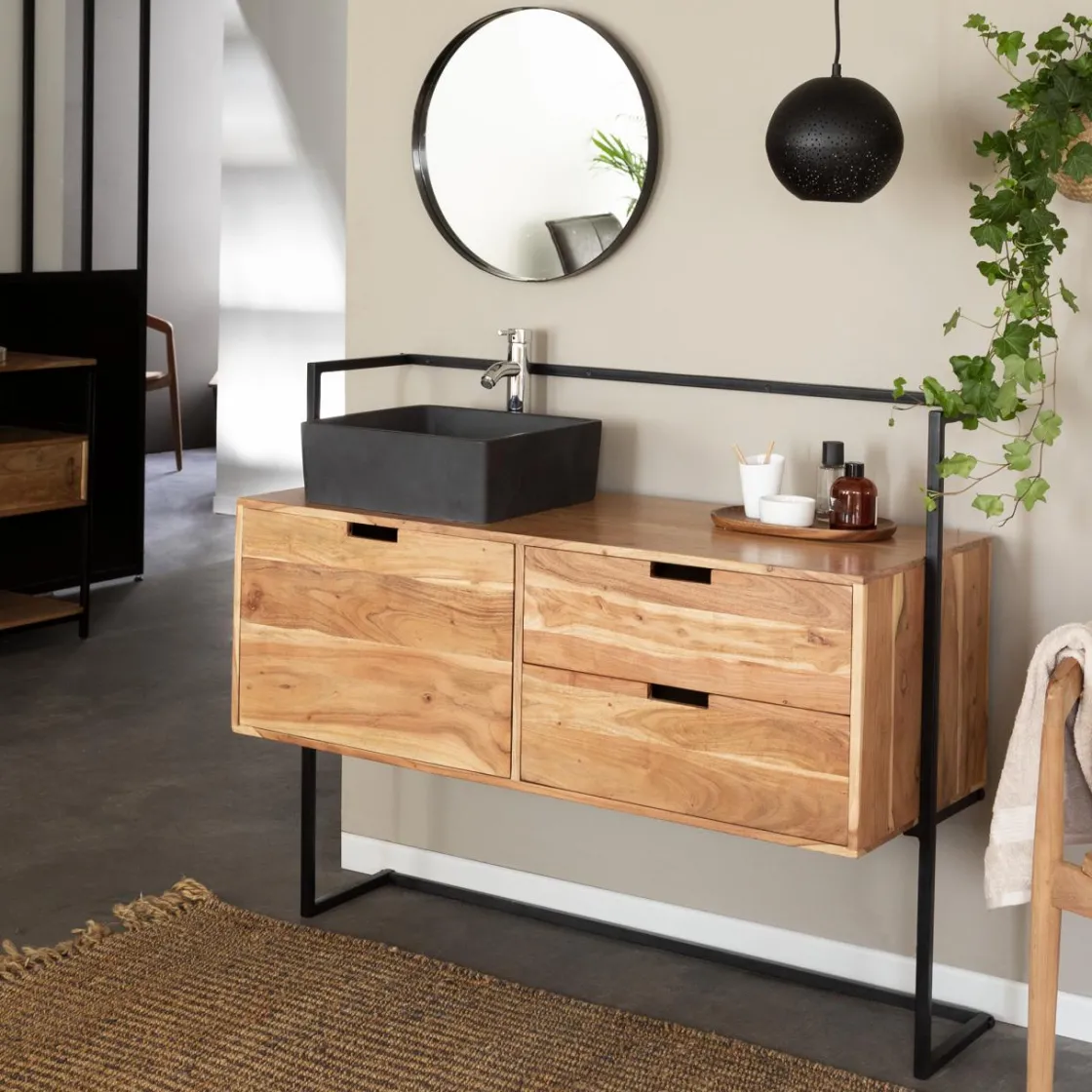 Made in Meubles Meuble Sous Vasque<Meuble sous vasque en bois d'acacia et métal Ninon