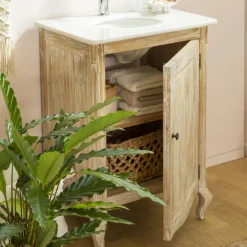 Made in Meubles Meuble Sous Vasque<Meuble sous vasque en pin recyclé blanchi et marbre blanc Gemma