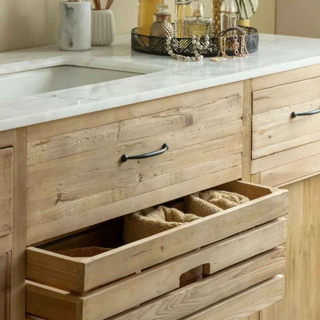 Made in Meubles Meuble Sous Vasque<Meuble sous vasque en vieux pin et marbre blanc Nils