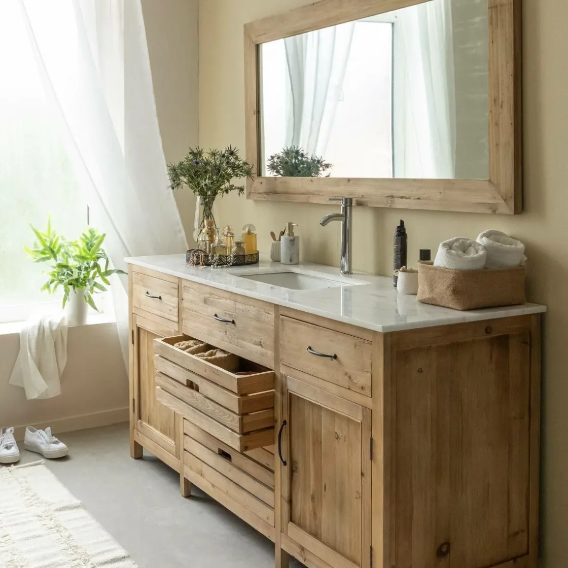 Made in Meubles Meuble Sous Vasque<Meuble sous vasque en vieux pin et marbre blanc Nils