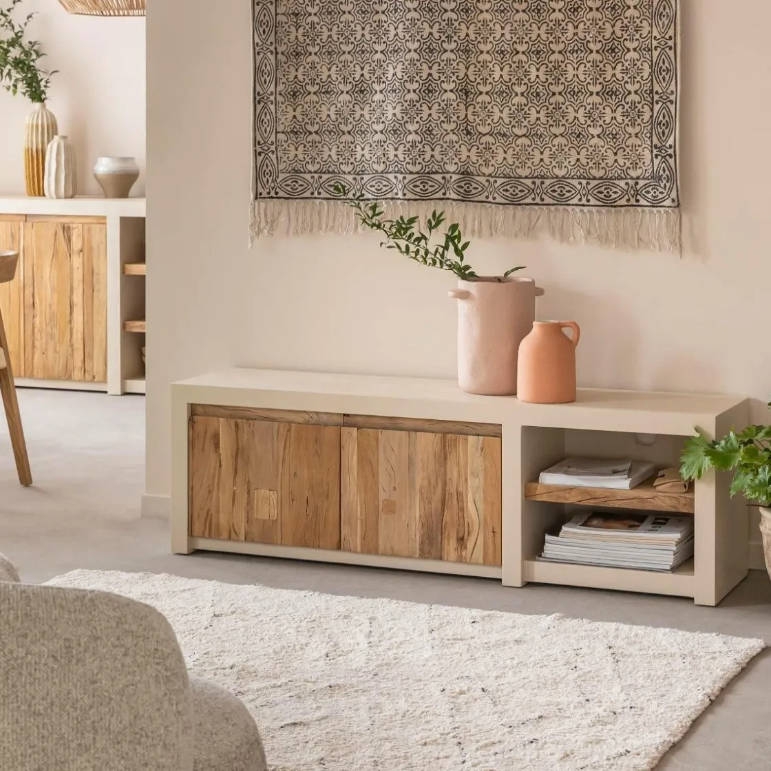 Made in Meubles Meuble Tv<Meuble TV 2 portes et 1 étagère en bois effet béton et bois recyclé Dalva