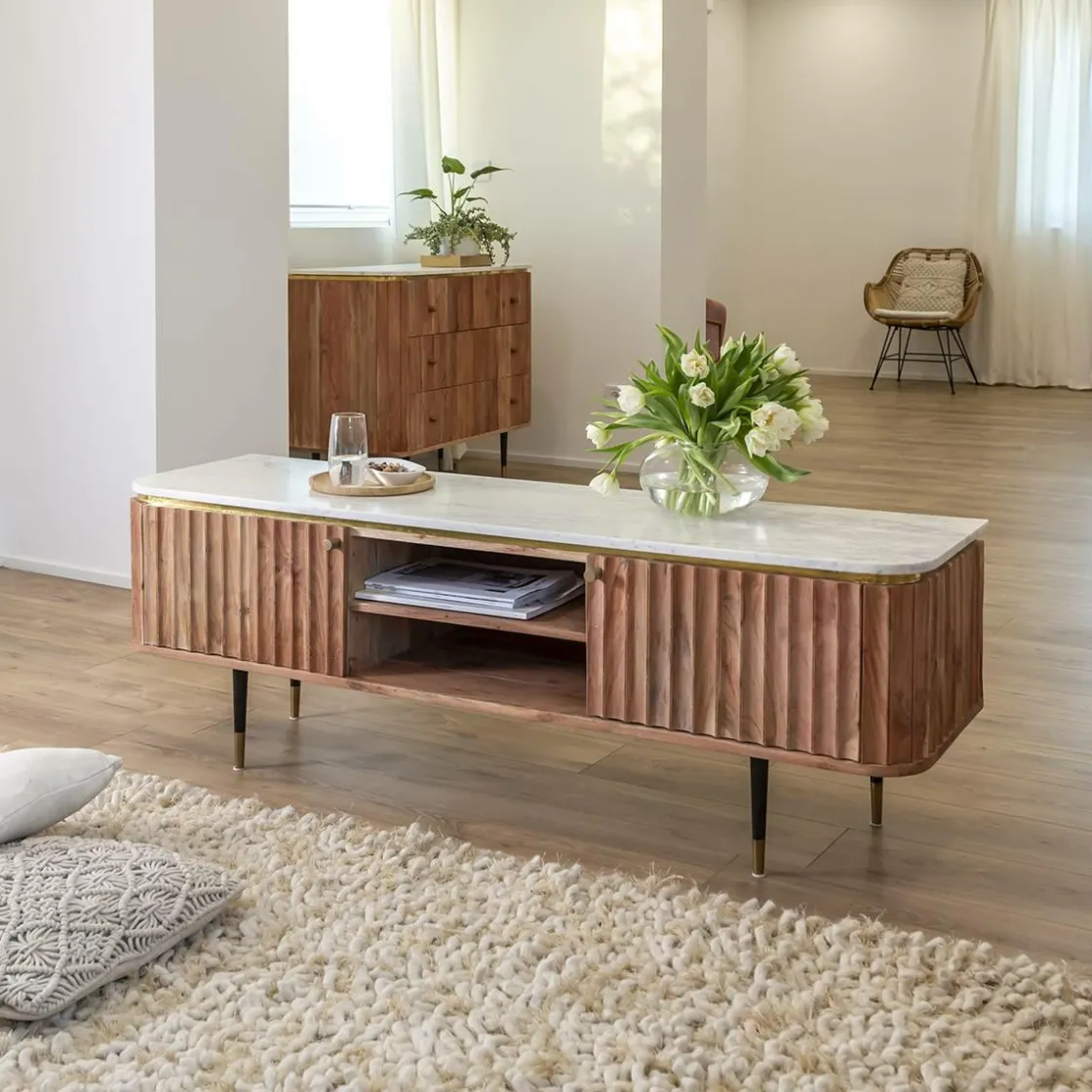 Made in Meubles Meuble Tv<Meuble tv en bois d'acacia et marbre blanc Judith