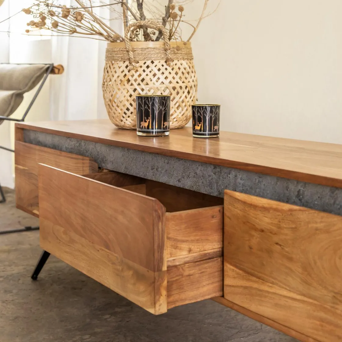 Made in Meubles Meuble Tv<Meuble TV en bois d'acacia et pierre Yvan