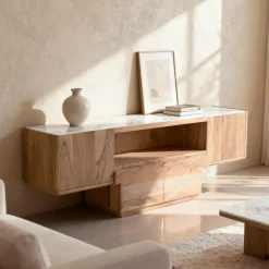 Made in Meubles Meuble Tv<Meuble TV en bois d'acacia et marbre Tara