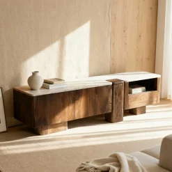 Made in Meubles Meuble Tv<Meuble TV en bois de manguier et en travertin Carola