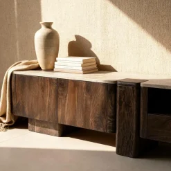 Made in Meubles Meuble Tv<Meuble TV en bois de manguier et en travertin Carola