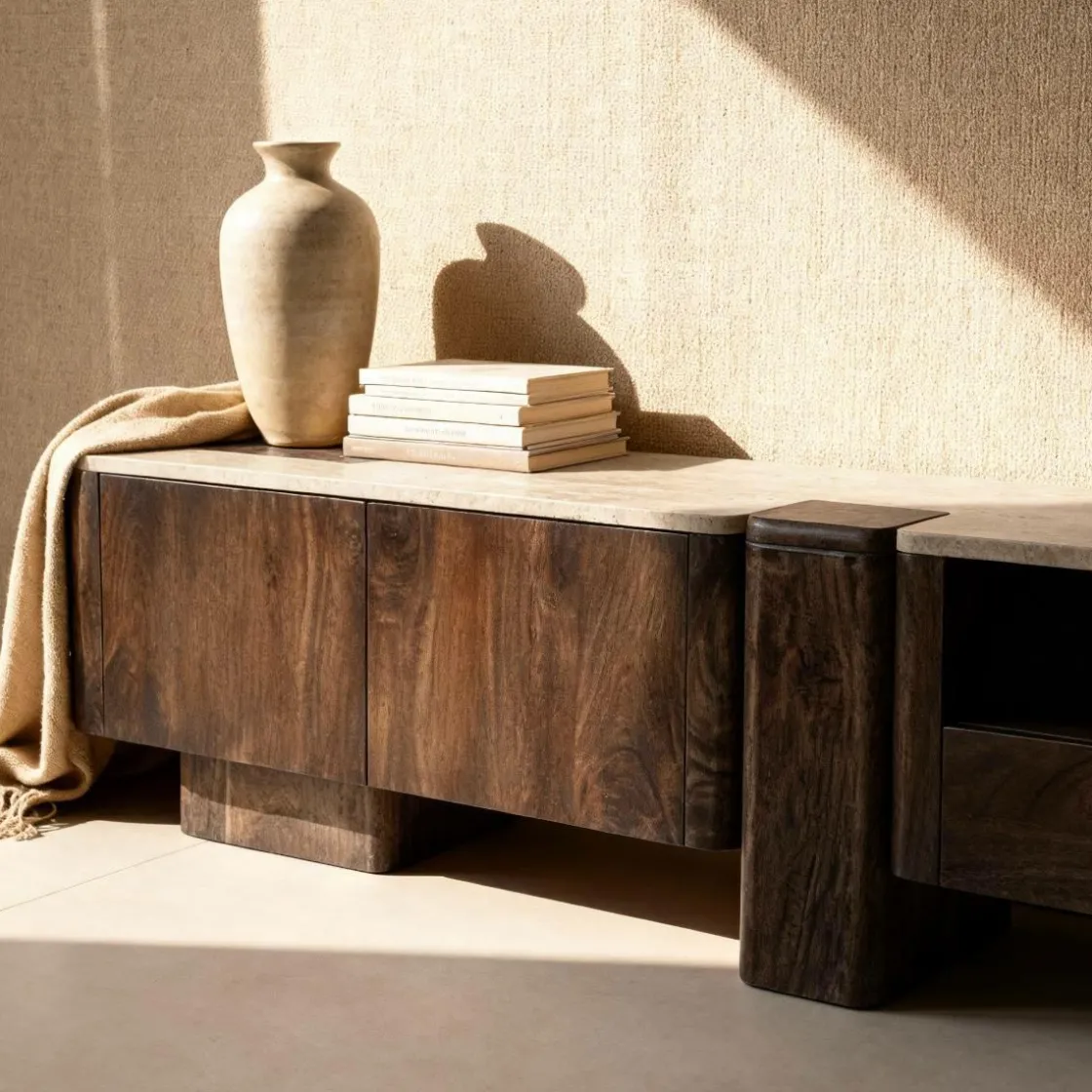 Made in Meubles Meuble Tv<Meuble TV en bois de manguier et en travertin Carola