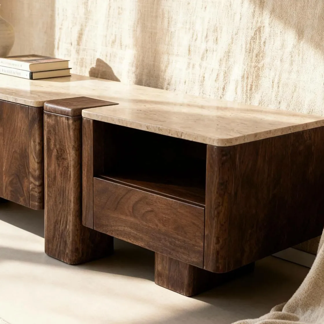 Made in Meubles Meuble Tv<Meuble TV en bois de manguier et en travertin Carola