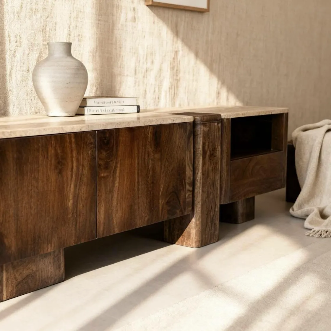 Made in Meubles Meuble Tv<Meuble TV en bois de manguier et en travertin Carola